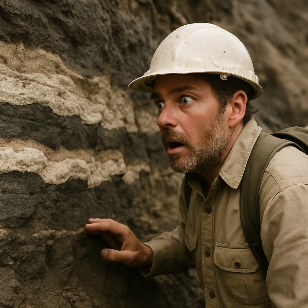 山肌の地層を驚いた表情で調べる地質学者と、上下逆転し混ざり合う火山灰層と粘土層が写る写真。