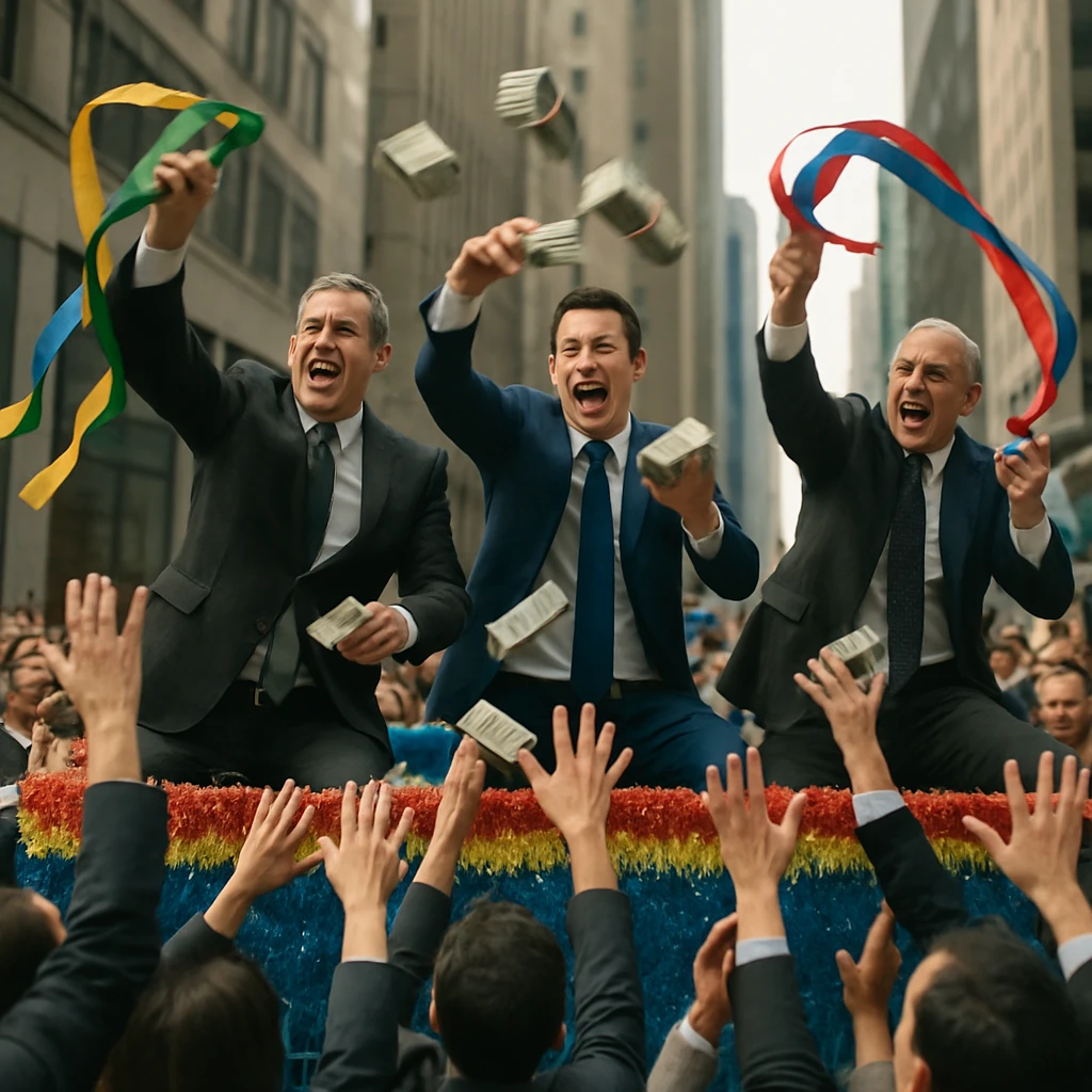 スーツ姿の経営陣がパレード用の山車の上から大きなリボンと現金風の束を従業員に投げている様子。