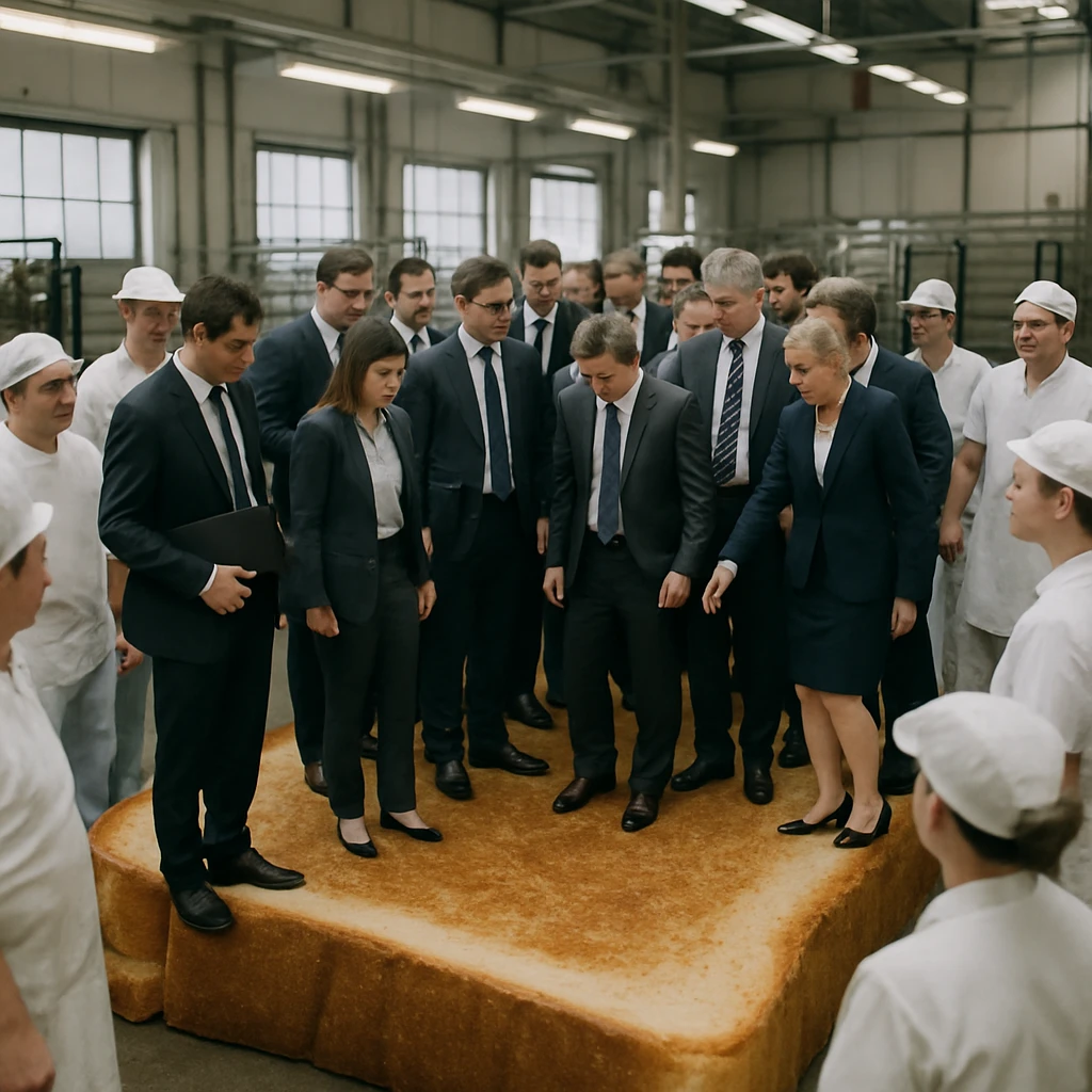 巨大なトーストの上にビジネススーツ姿の起業家たちが立ち並び、周囲にパン職人がいる様子の現実的な写真。