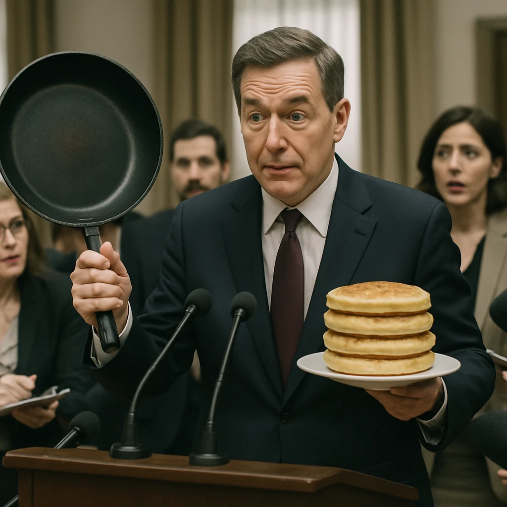 スーツ姿の政治家が巨大なフライパンとホットケーキを掲げて記者会見を行っている様子。