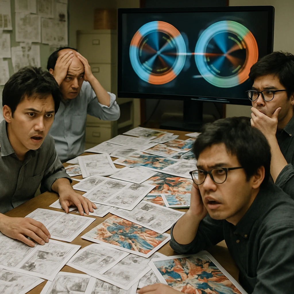 漫画の原稿やカラフルな資料が散乱した編集会議室で、困惑した編集者が大画面に映る回転するプロット図を見つめている様子。