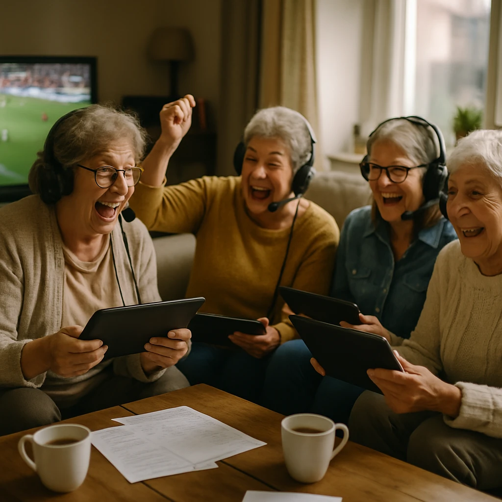 複数の元気なおばあちゃんたちがリビングでタブレットやヘッドセットを使い、スポーツ中継を実況している様子の写真。