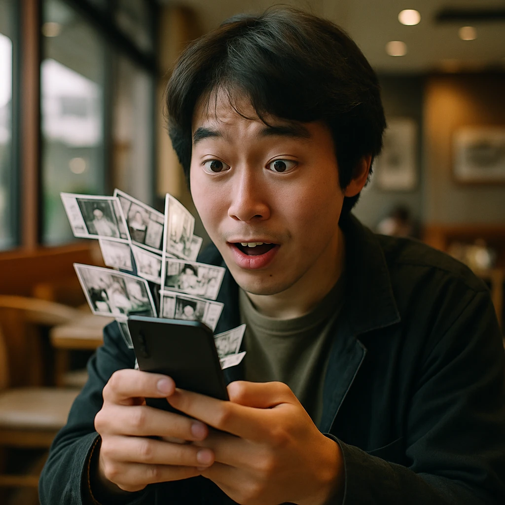 現代的な日本のカフェで、スマートフォンでWeb漫画を読んで戸惑う若者と、画面に複数の分岐する漫画パネルが映っている様子。