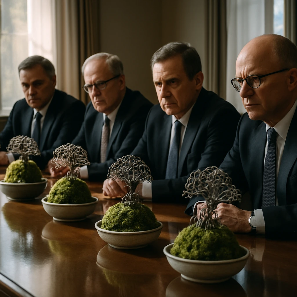 会議室の長いテーブルでスーツ姿の政治家たちと複数の精巧なAI盆栽が向かい合っている様子。