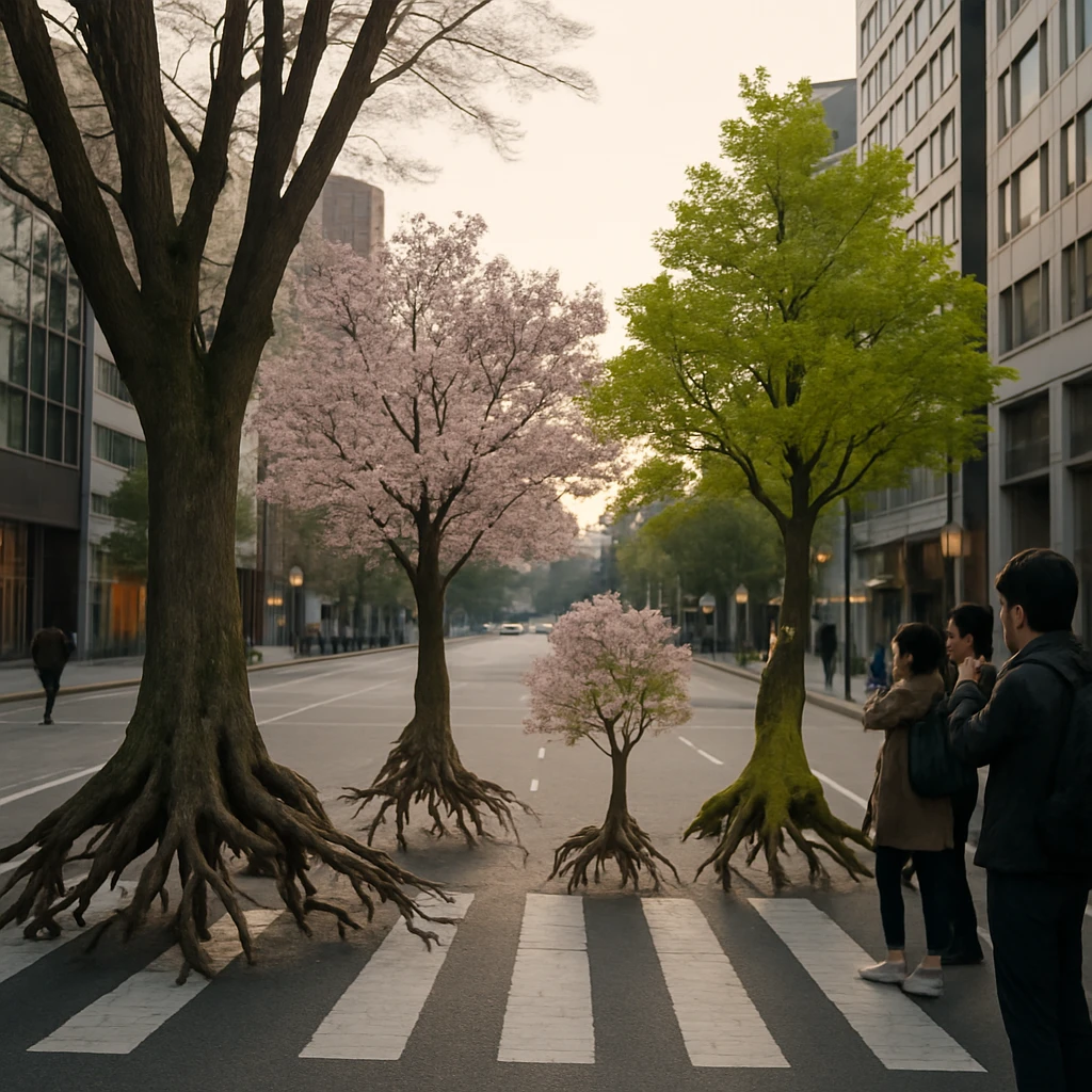 街中の横断歩道を大きな街路樹が根を伸ばして移動し、市民がスマートフォンでその様子を撮影している写真。