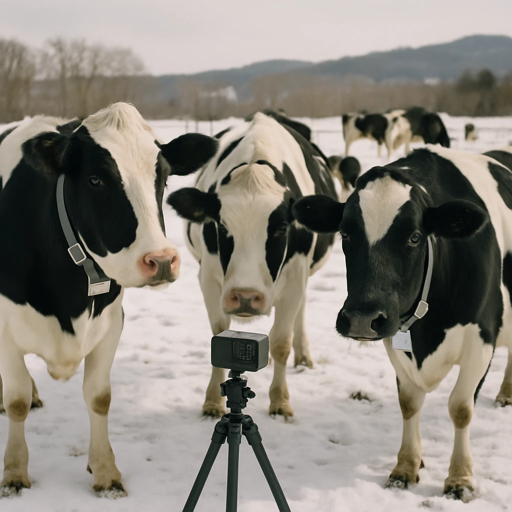 雪が積もる北海道の牧場でAIチップ付きの首輪を装着した数頭の牛が三脚のライブ配信カメラの前に集まっている写真。
