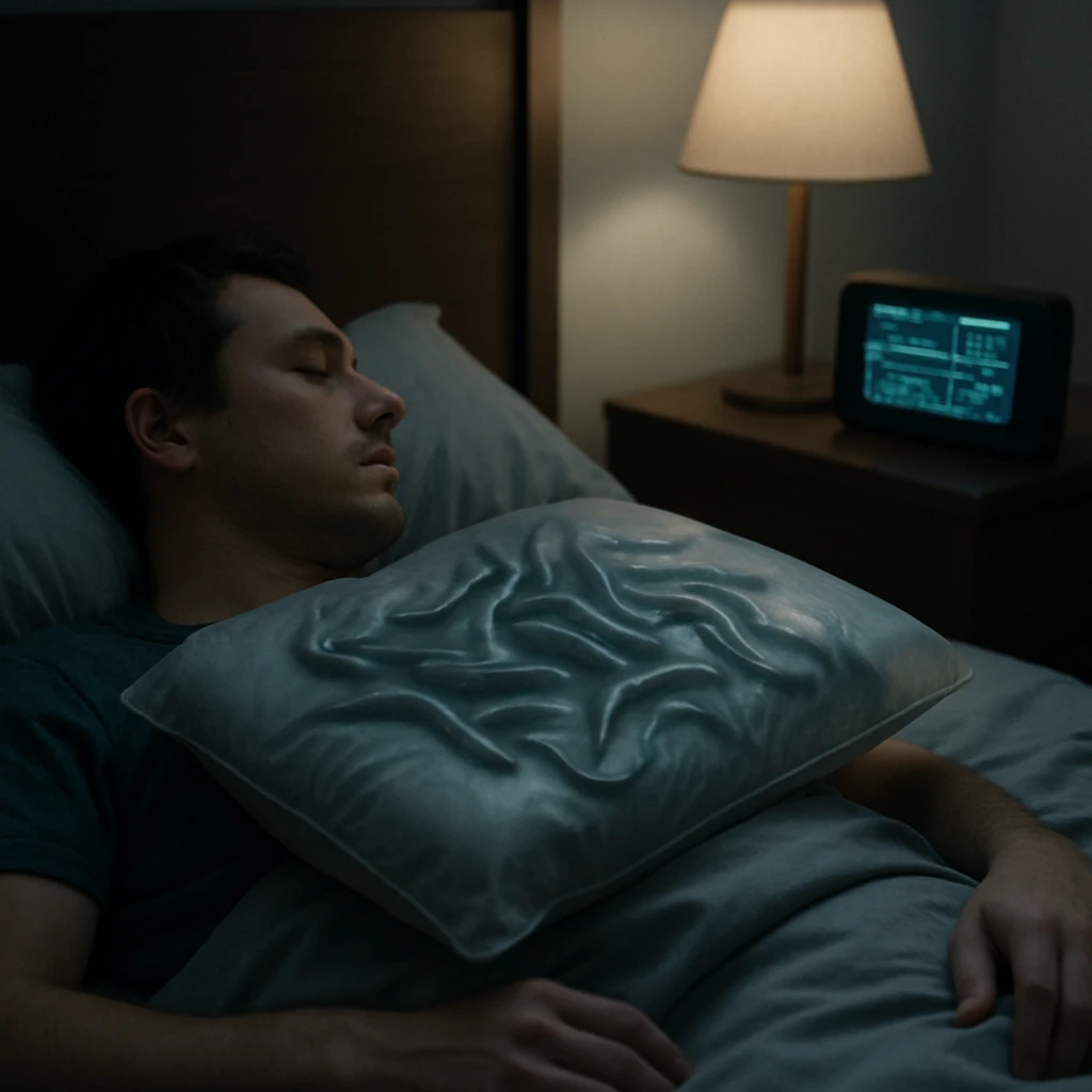 人工うなぎが仕込まれた透明な枕を使って横になる人物の夜の寝室の様子。