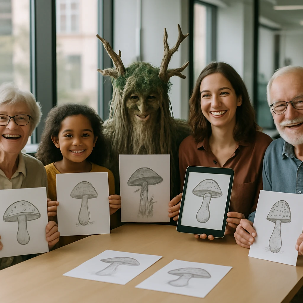 オフィスのテーブルを囲み、手描きのキノコ自画像を見せ合う多世代の人々と森の精霊コスチュームの人物の写真。