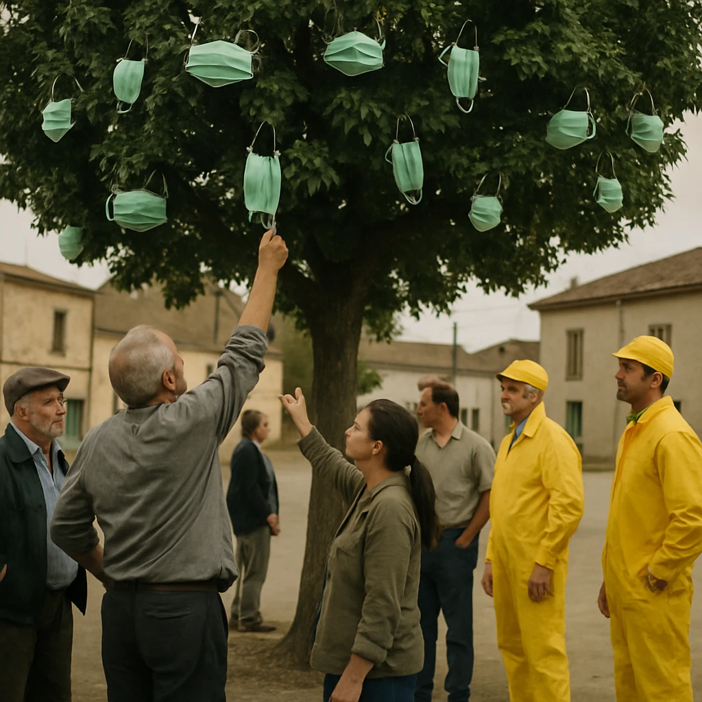 広場で「マスクの木」から葉を摘み取る市民たちと、バナナ色のスーツを着た職員の実写風写真。