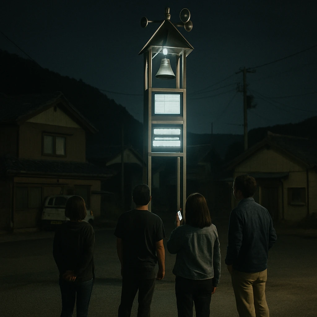 夜の田舎町の広場で、未来的なデジタル表示とスピーカーが施された鐘楼を町民たちが見上げている様子の写真。