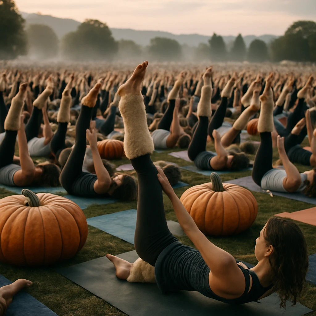 巨大なカボチャの周囲で手作りのもこもこしたサステナブルウェアを身につけた多くのヨガ参加者が早朝の屋外で同時に脚を上げてヨガをしている様子。