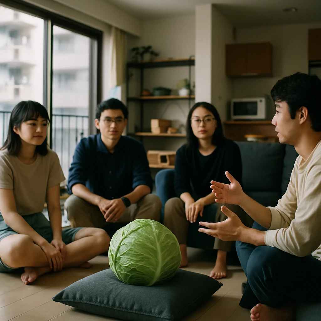 シェアハウスのリビングで若者たちが輪になり、中央のクッションの上にキャベツが置かれている様子を写した写真。