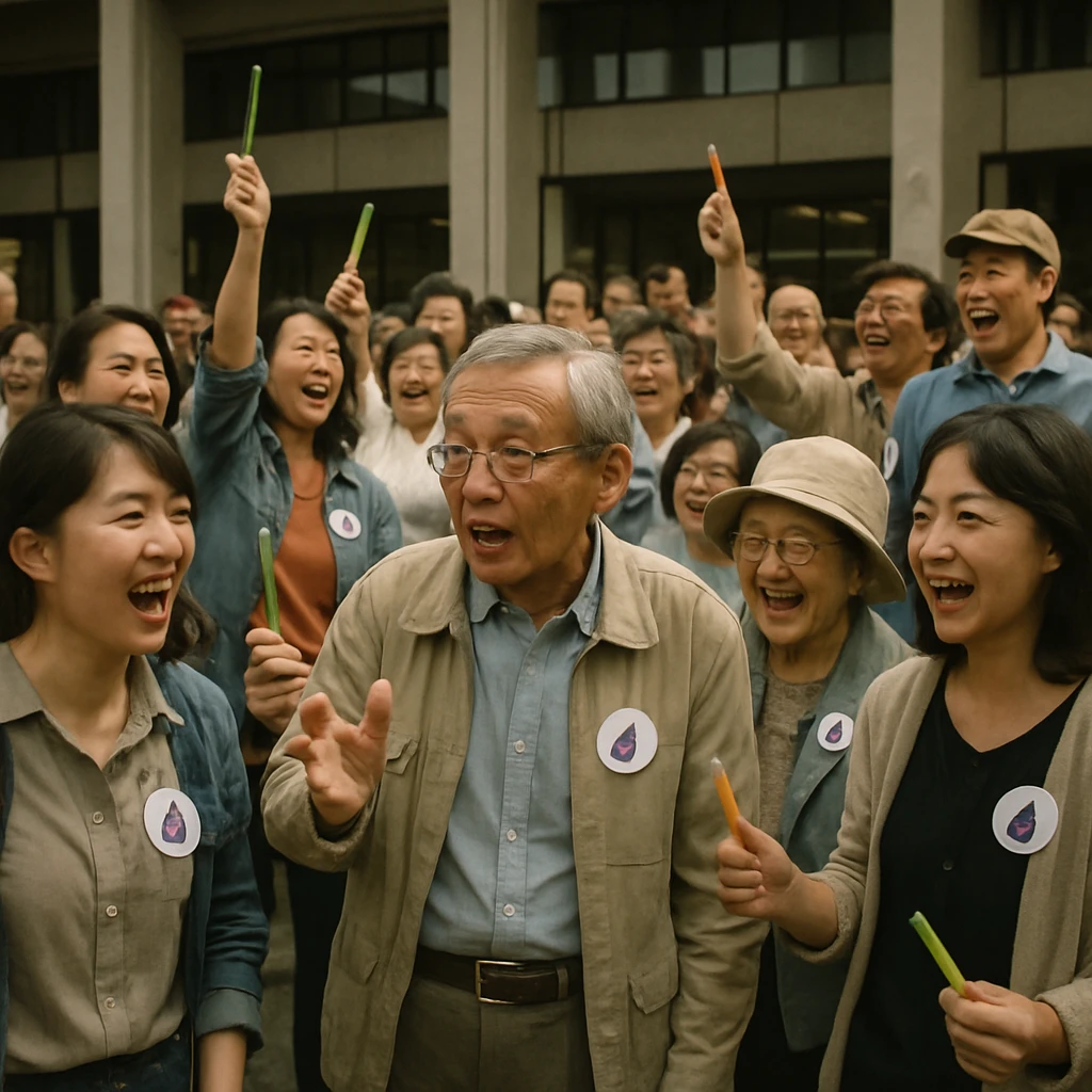市民会館前に集まり、それぞれナスのエンブレムを身につけて議論する異なる世代の人々の群衆。