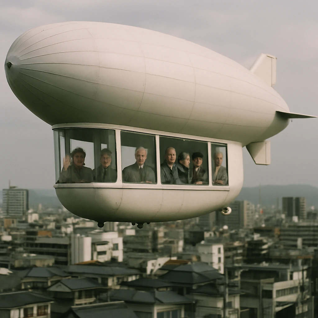 高齢者たちが窓越しに手を振る大型飛行船が、日本の都市上空を浮遊している様子の写真。