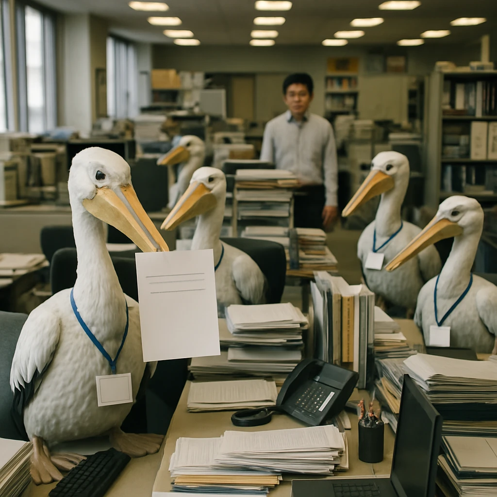 日本のオフィスで、社員の代わりにIDバッジをつけたペリカン型ロボットが座っている様子を撮影した写真。