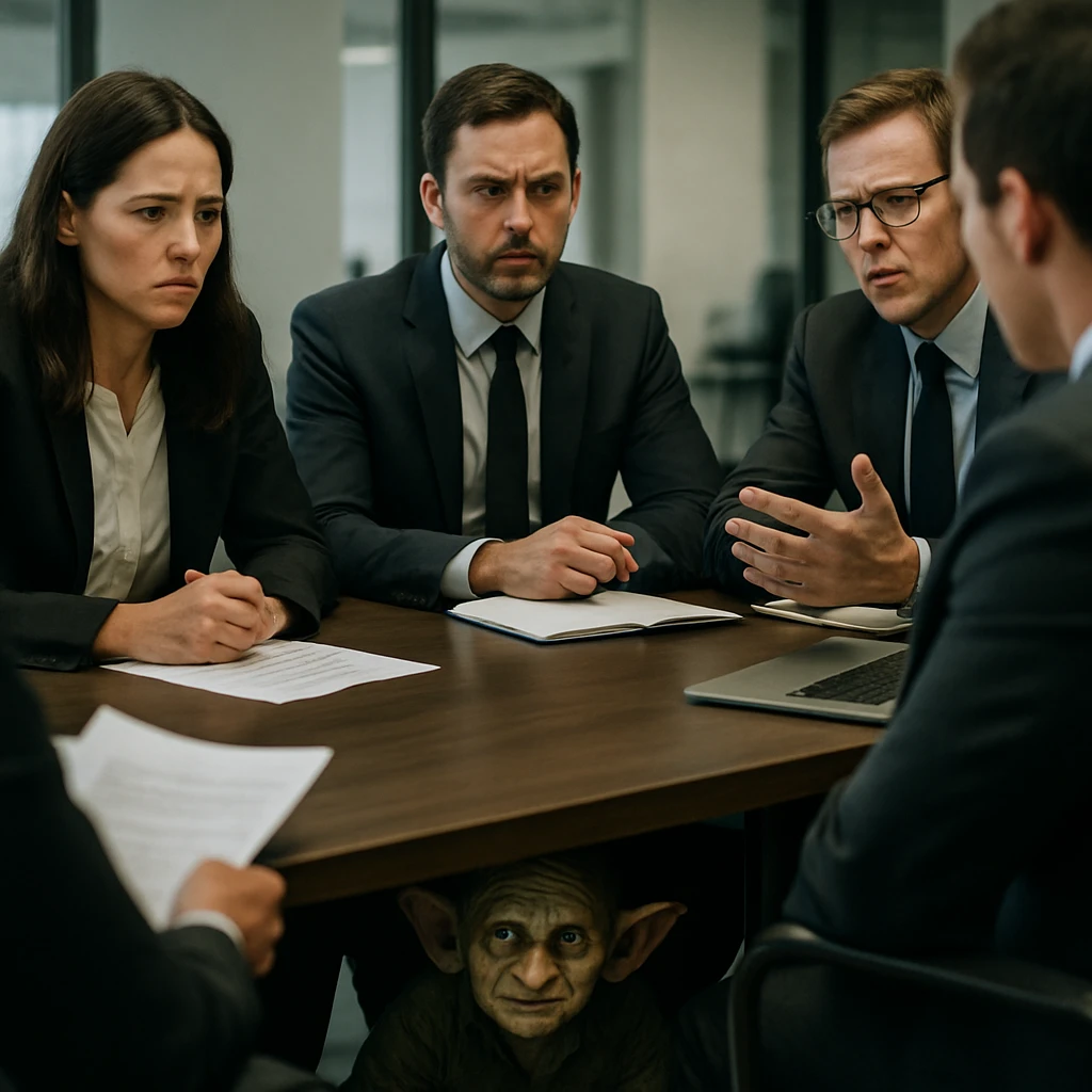 会議室の机の下から小さなゴブリンが顔を出し、スーツ姿の社員たちが困惑した様子で座っている写真。