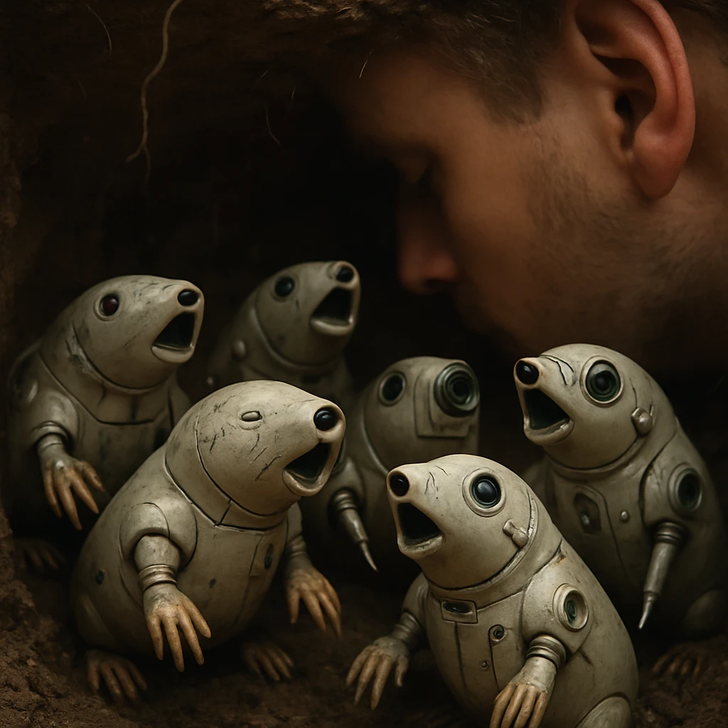 地中のトンネル内で人工知能搭載のモグラ型ロボットたちが合唱する様子と、地上で地面に耳を当てて聞こうとする人の一場面。