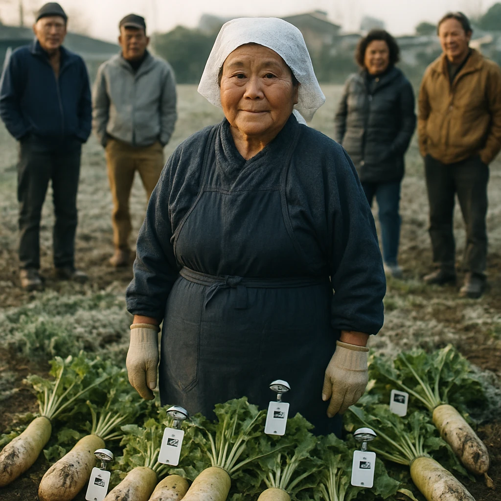 寒村の畑で無線LAN端末が装着された大根と、それを誇らしげに見守る年配の女性農家と地域住民が写る写真。