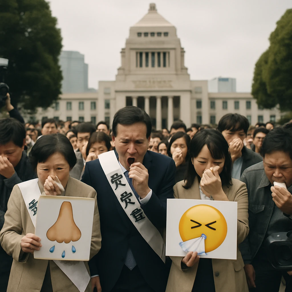 国会議事堂前で多くの人々がくしゃみをしたり鼻を押さえたりしている群衆の写真。