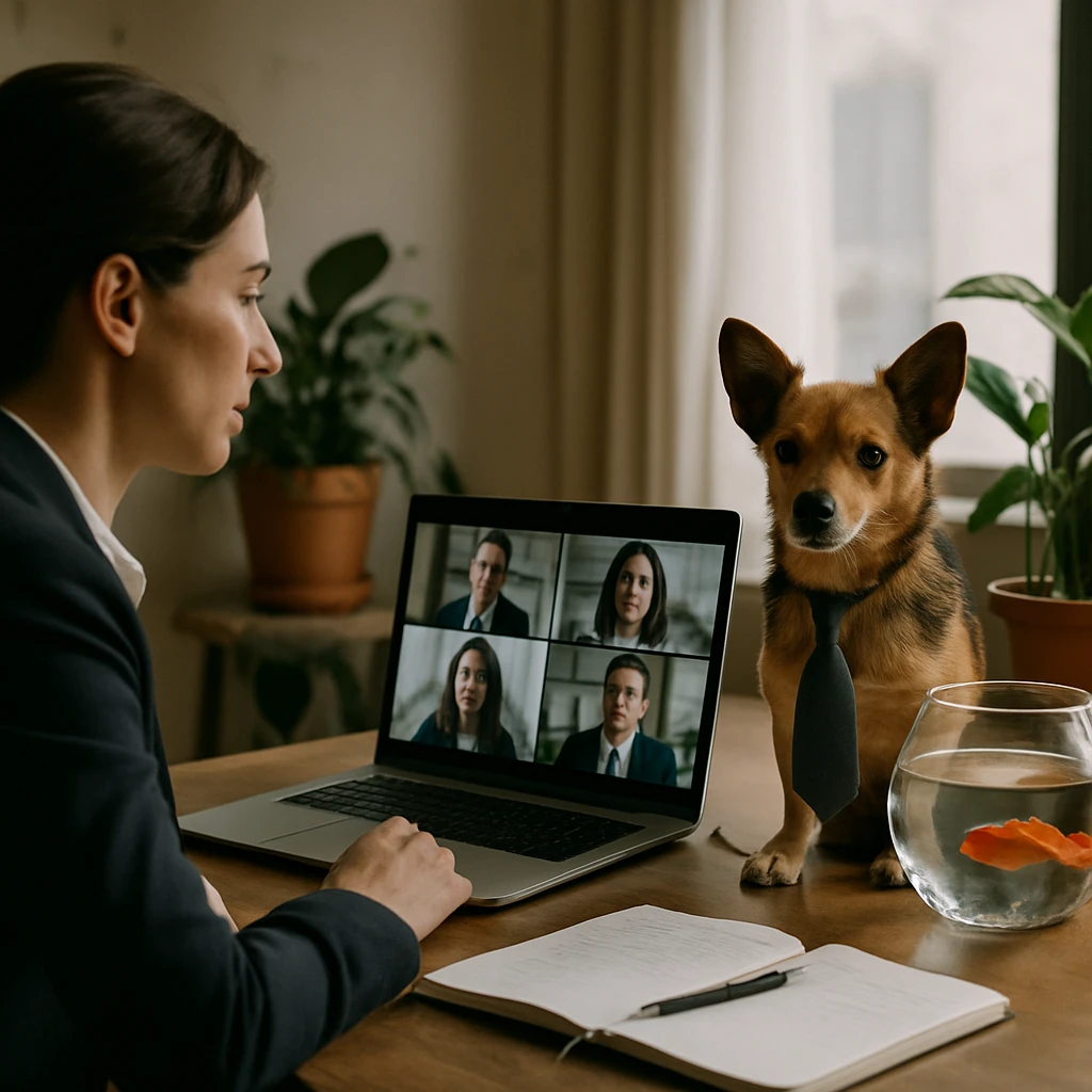 テーブルの上にノートパソコンとネクタイをつけた小型犬、金魚鉢、観葉植物が並び、テレワーク会議に参加しているような様子の写真。
