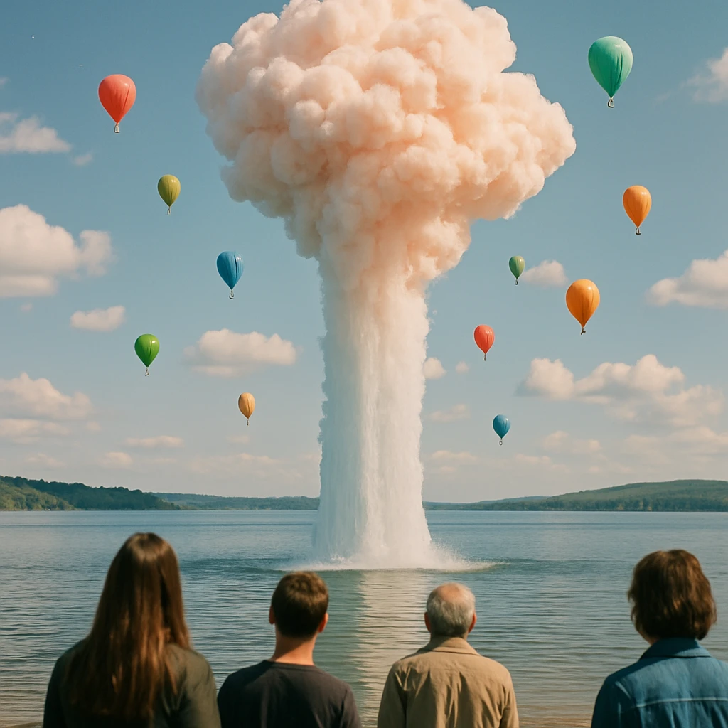 湖が空へ立ち上がり綿菓子のような雲へと変化し、周囲にカラフルな風船が浮かぶ様子を岸辺から見上げる人々の写真。
