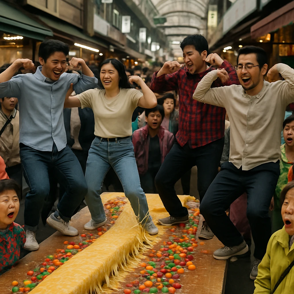 ソウルの市場でチーズに包まれた長い韓国飴の上を大勢の人々がチキンダンスを踊っている様子の写真。