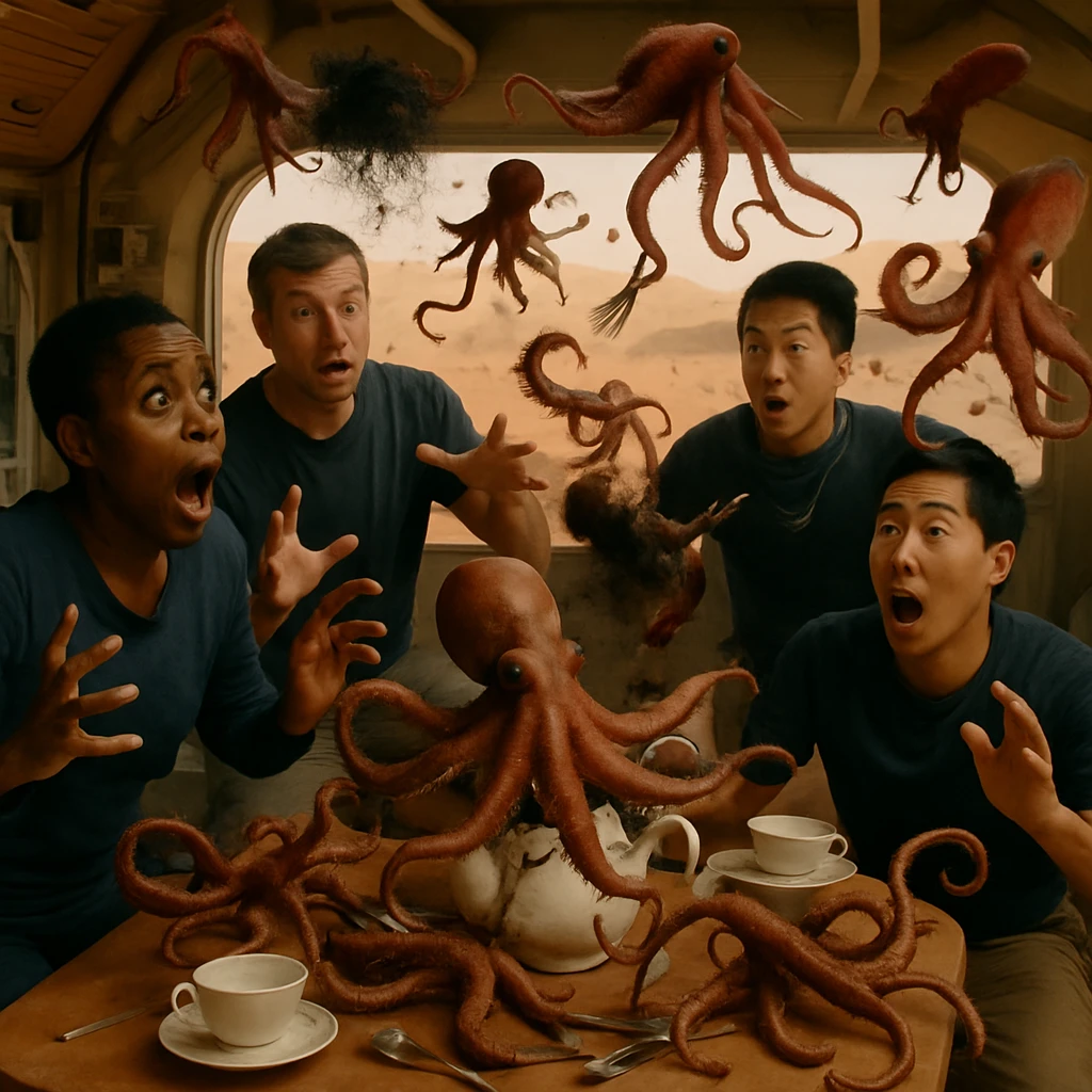 無重力の火星宇宙ステーション茶室で、複数のタコが茶器に絡みつき、乗員が驚いている様子の写真。