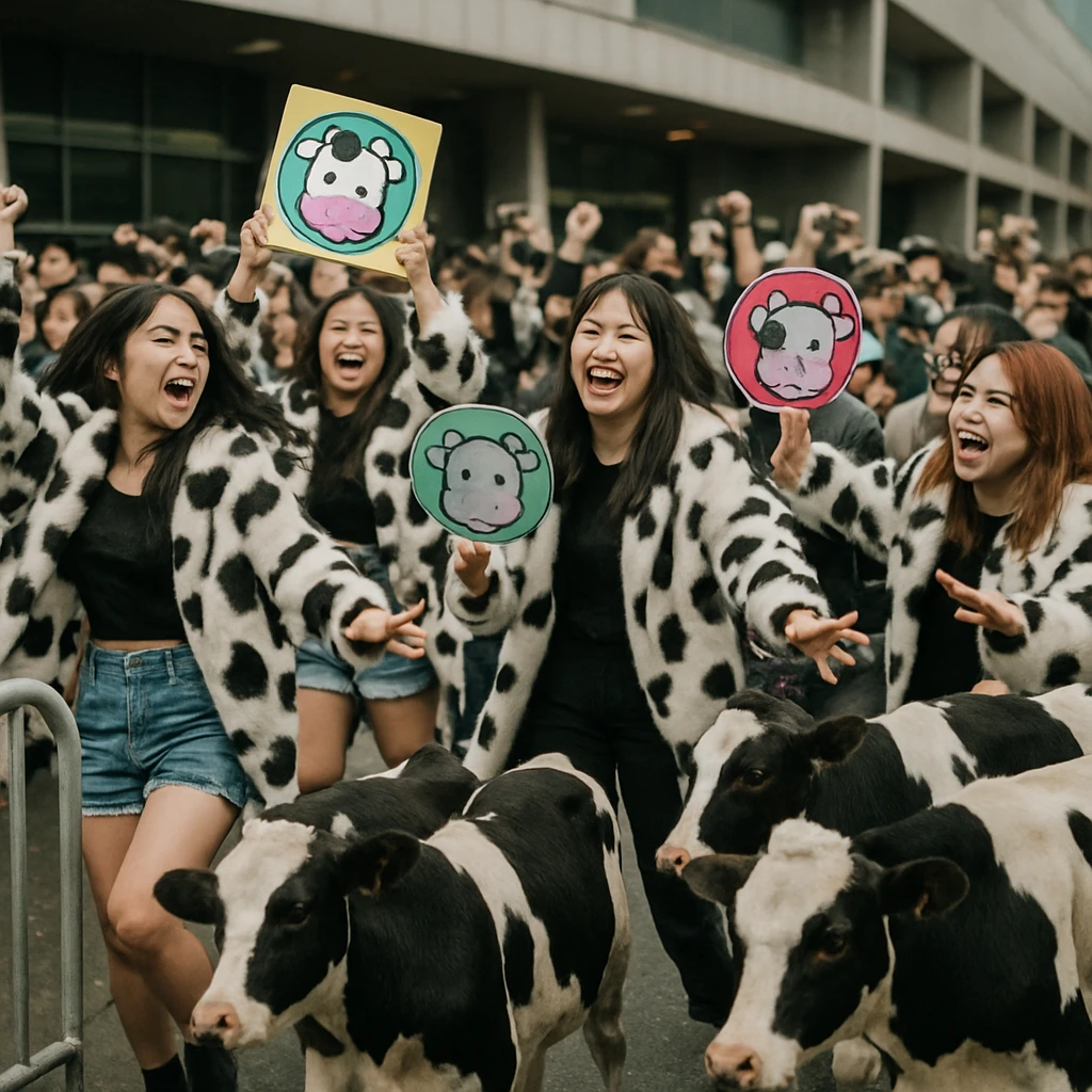 赤坂の公開収録会場前で、牛柄コートを着たK-POPファンと実際の牛の群れが混ざり合い、応援ボードを掲げて踊る様子。