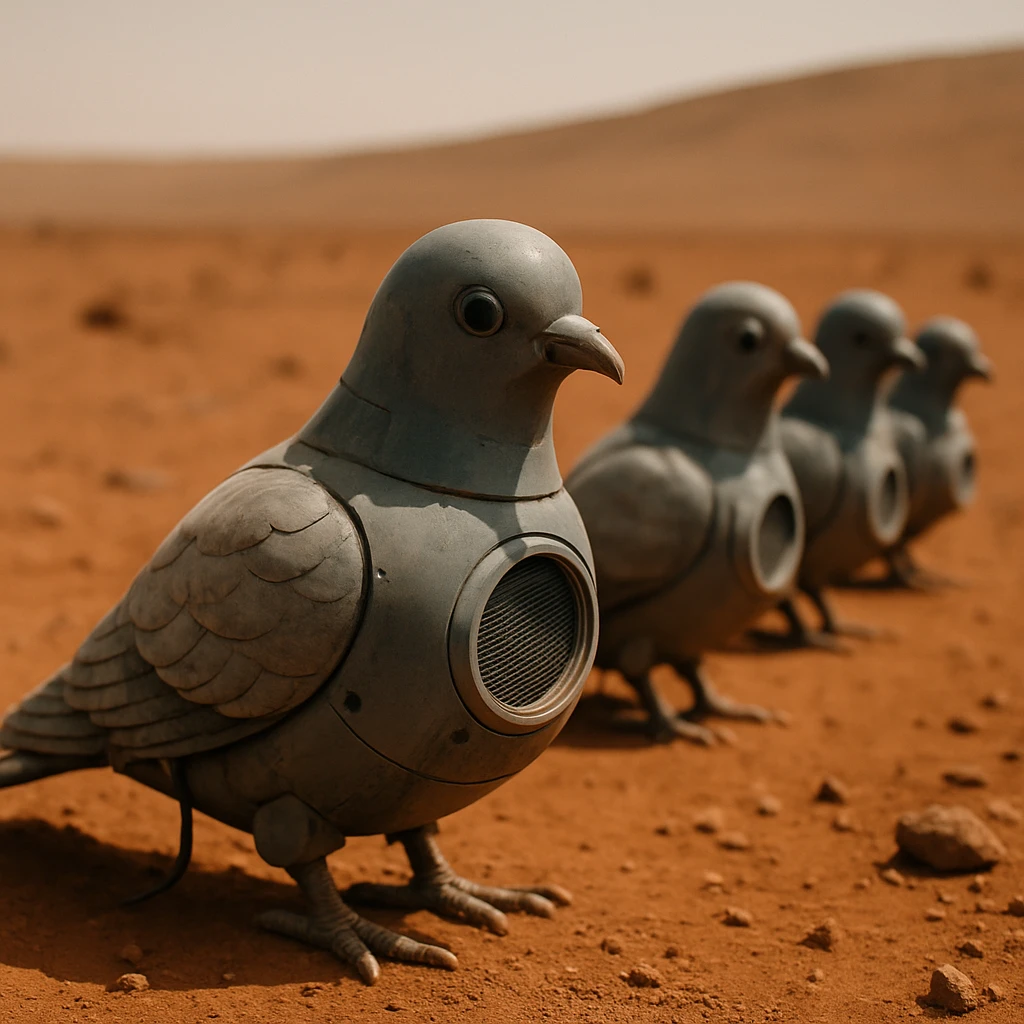 火星の赤い地表で、複数のハト型探査機が一列に並び、荒涼としたオレンジ色の風景の中でスピーカーから音を流している様子の写真。