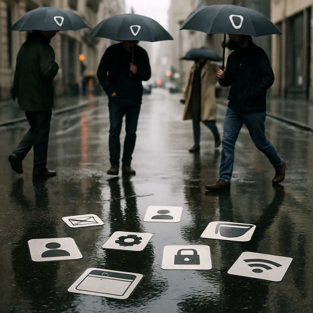雨の街路で水たまりに個人情報が浮かぶ様子と、データ保護用の傘を持つ人々が歩く様子の写真。