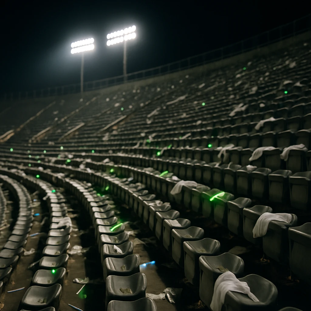 無人のスタジアムの観客席にサイリウムやタオルが散乱している夜の様子。