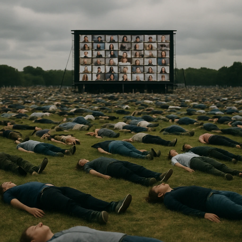 広い野外フェス会場で多くの人々が芝生の上に横たわり、背景に巨大LEDスクリーンがオンライン参加者の姿を映している様子。
