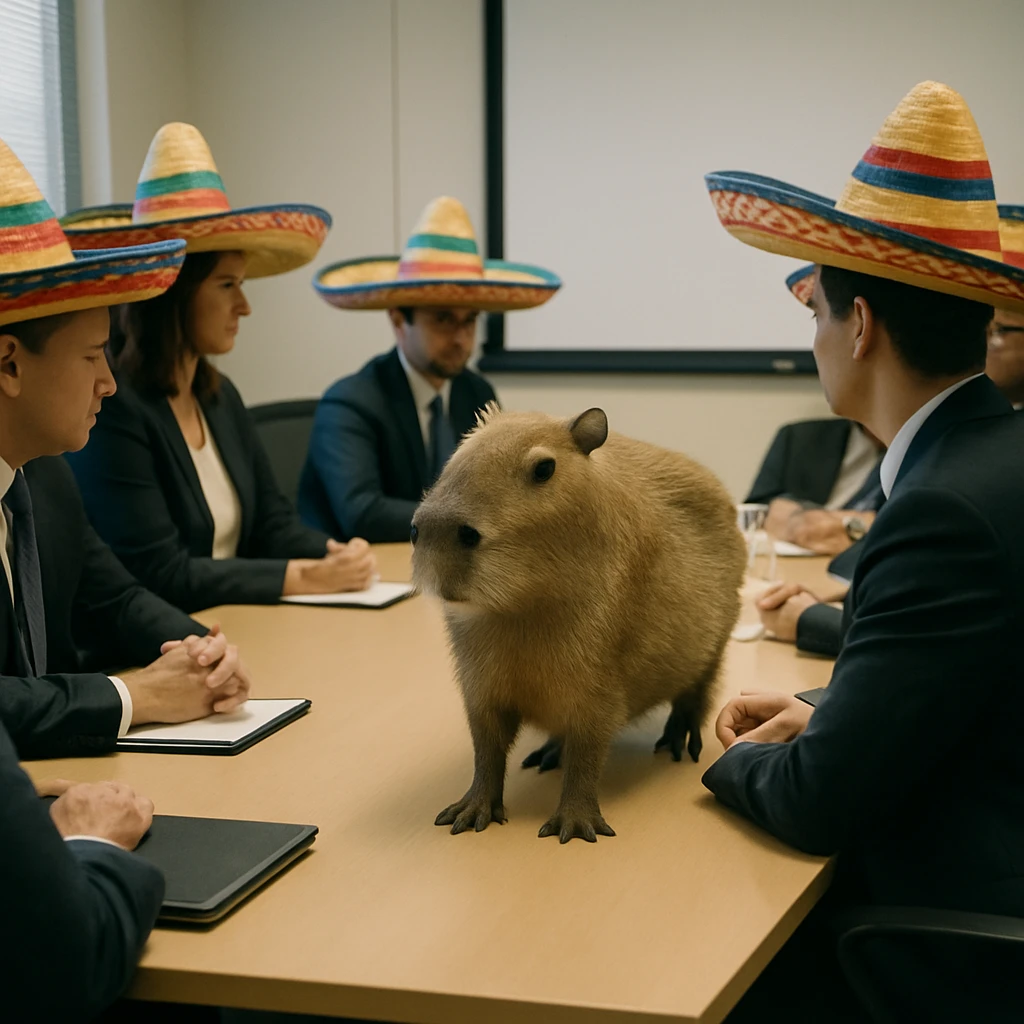 会議室で巨大な虹色ソンブレロをかぶった複数の社員たちと、その中央に立つカピバラの様子が写っている写真。