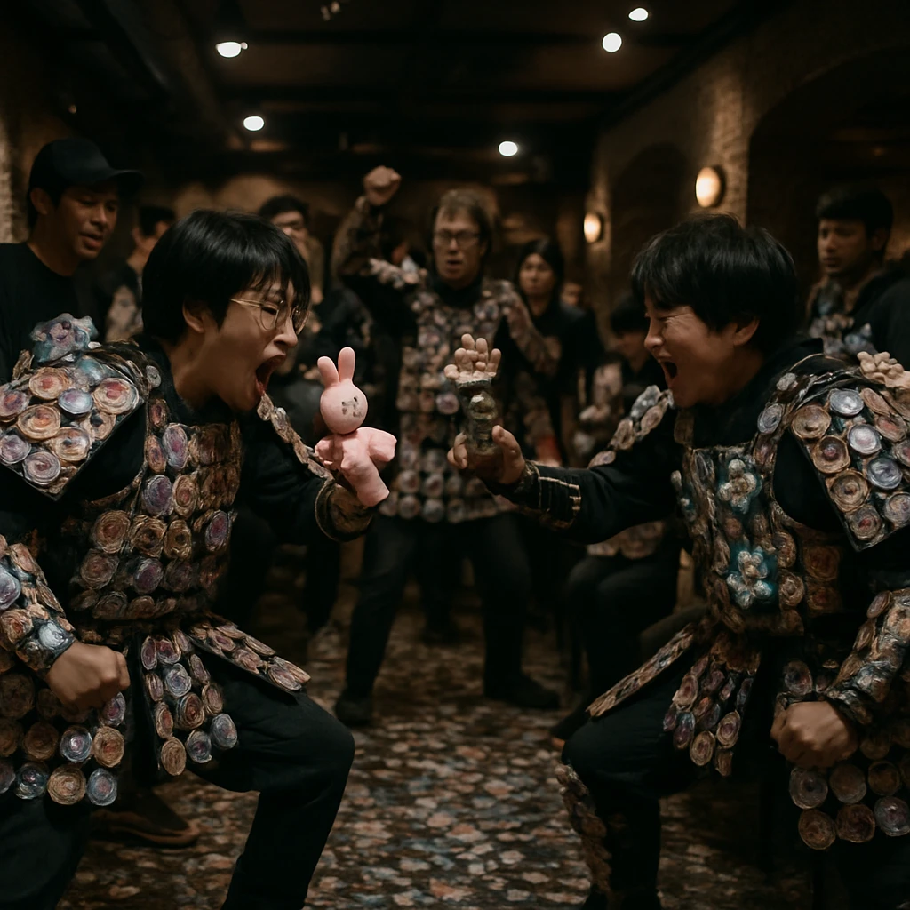 秋葉原の地下カフェで痛ヨロイを身につけた若者たちが缶バッジなどで装飾された鎧姿で対峙している様子の写真。