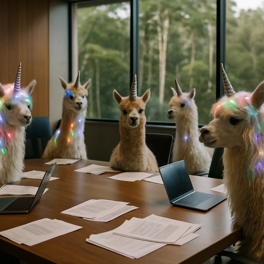 会議室でユニコーンの角をつけたアルパカがテーブルを囲む様子を写した写真。