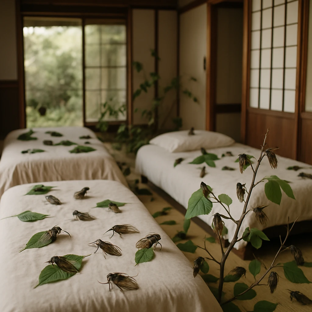 民泊の和室にベッドや室内の小枝、葉っぱの上に複数のセミがとまっている様子の写真。