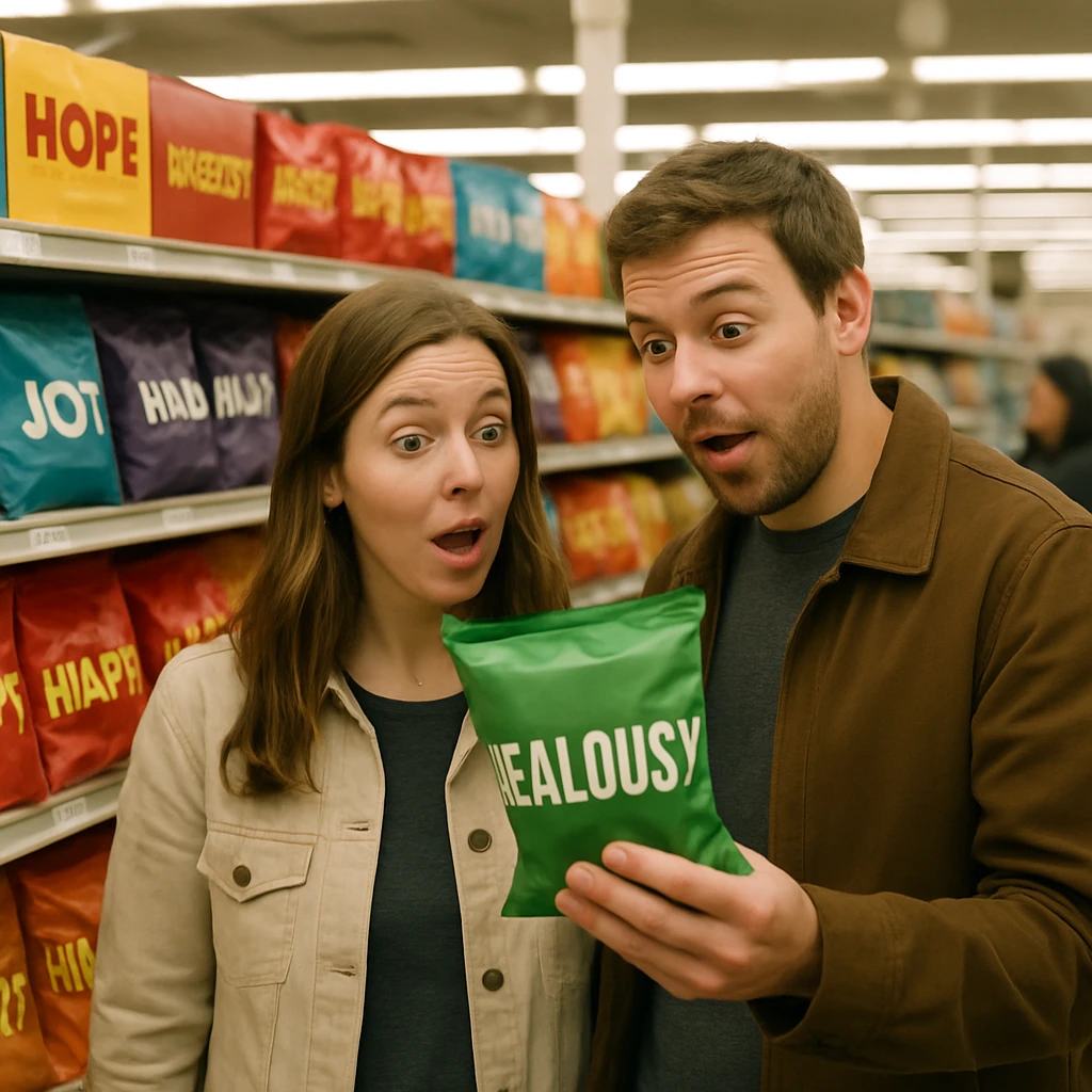 スーパーのスナック売場で、鮮やかな袋に包まれた“焼きもち味”など感情風味の商品を手に取る複数の客の様子。