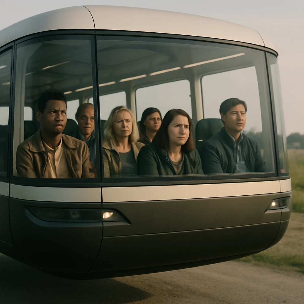 浮遊する近未来型バスの車内で困惑した表情の乗客たちが座っている様子。