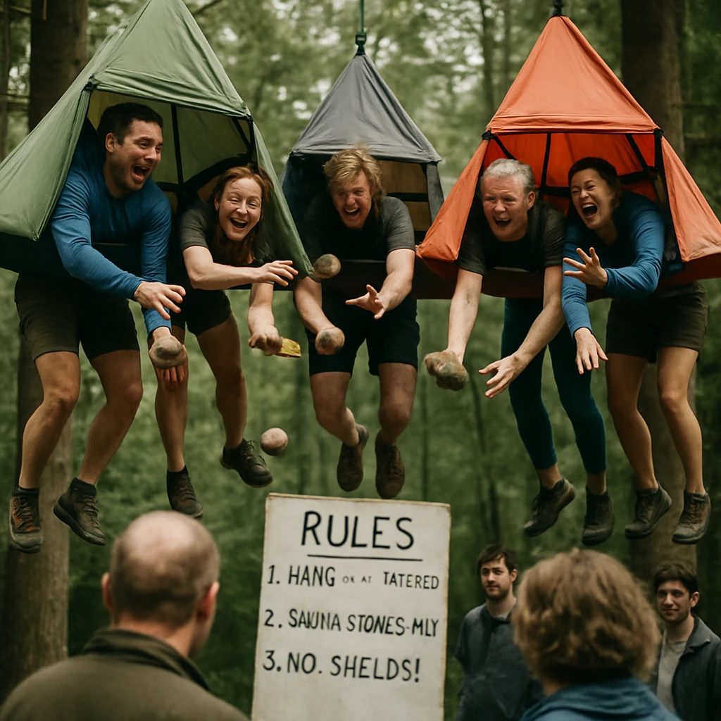 空中に吊られたテントから逆さまにぶら下がりながらサウナストーンを投げ合う大人たちの様子をとらえた写真。