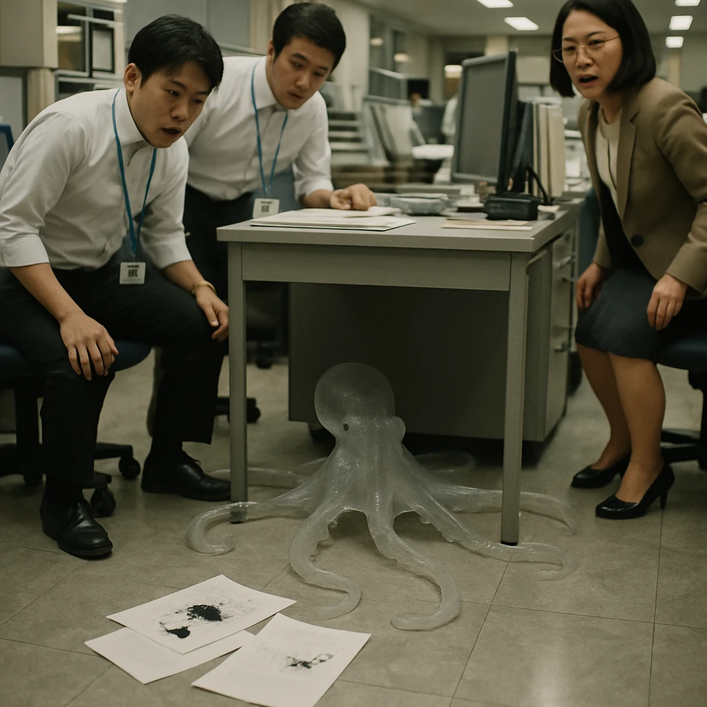 日本の官公庁オフィスの大理石床で、ほぼ透明なタコが職員のデスクの下にいる様子。