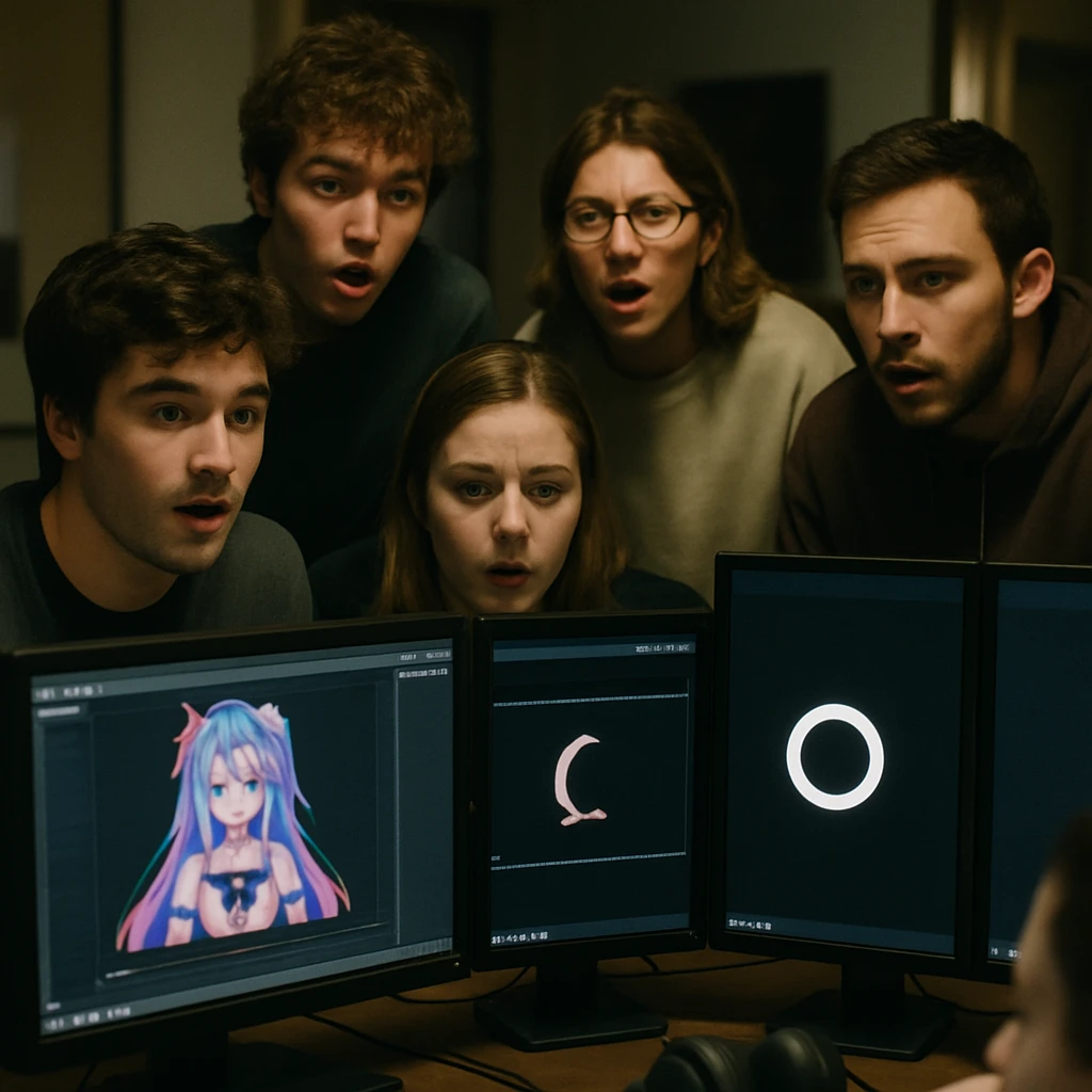 暗い部屋で数人の若者がモニターに映る図形や記号になったVTuber配信を驚き混じりに見つめている様子の写真。
