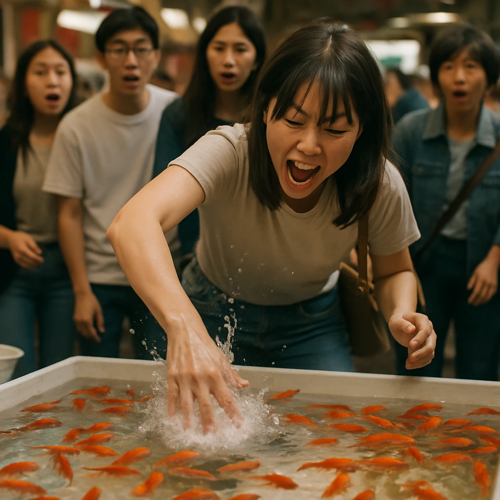 会場の金魚すくい大会で若い女性が手を水槽に勢いよく突っ込み、金魚たちが水の中で驚いて逃げまどう様子を捉えた写真。