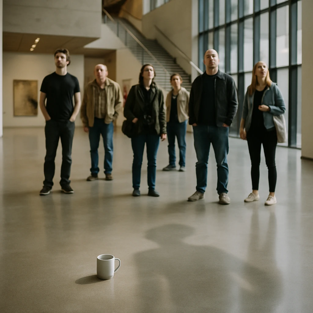 広々とした美術館のロビーで困惑した来館者たちが立ち尽くし、床にはマグカップと人影だけが残されている様子。