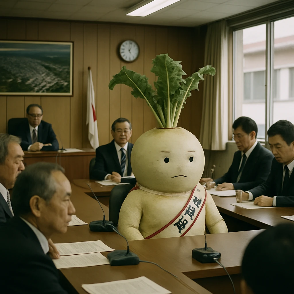 会議室のテーブルに町職員と並んで座る巨大なカブの姿が写っている写真。