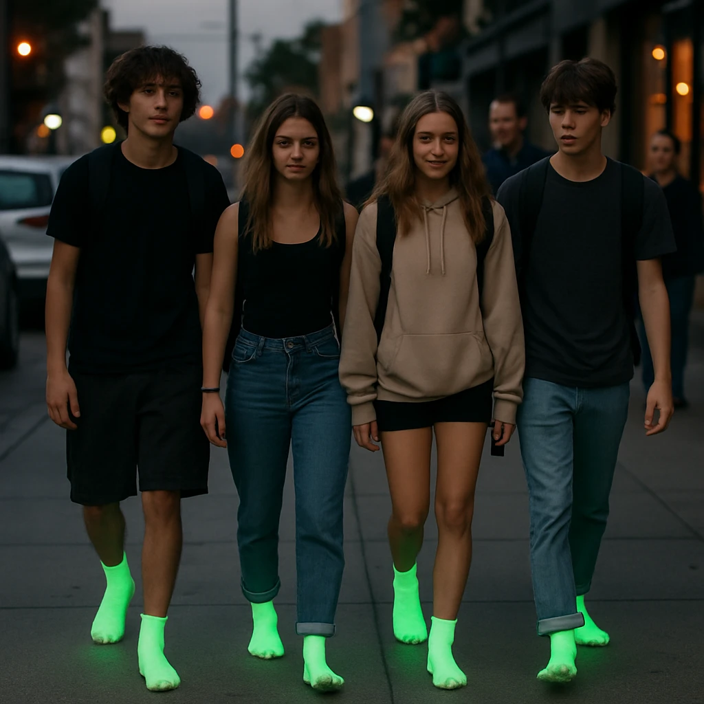 夕暮れの街で、蛍光グリーンに光る靴下だけを履いた複数の10代の若者たちが歩いている様子の写真。