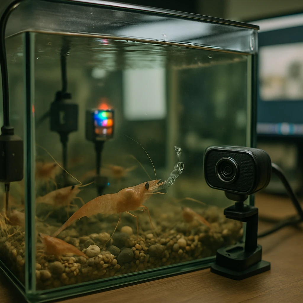 配線やカメラが取り付けられたガラス水槽内で、エビがガラス越しに泡を吐いている様子の写真。