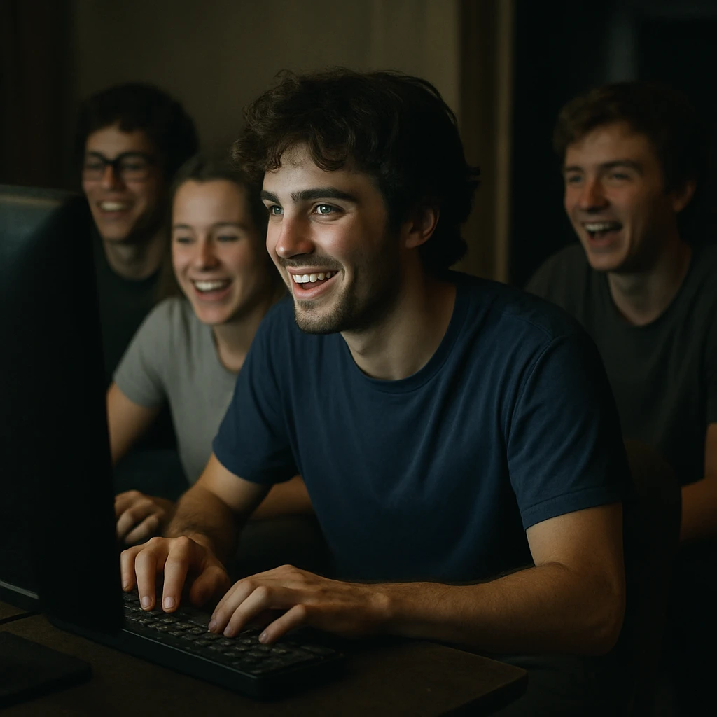 数人の若者たちが暗めの部屋で無人のパソコン画面を真剣に見つめ、熱心にキーボードを叩いている様子のリアルな写真。