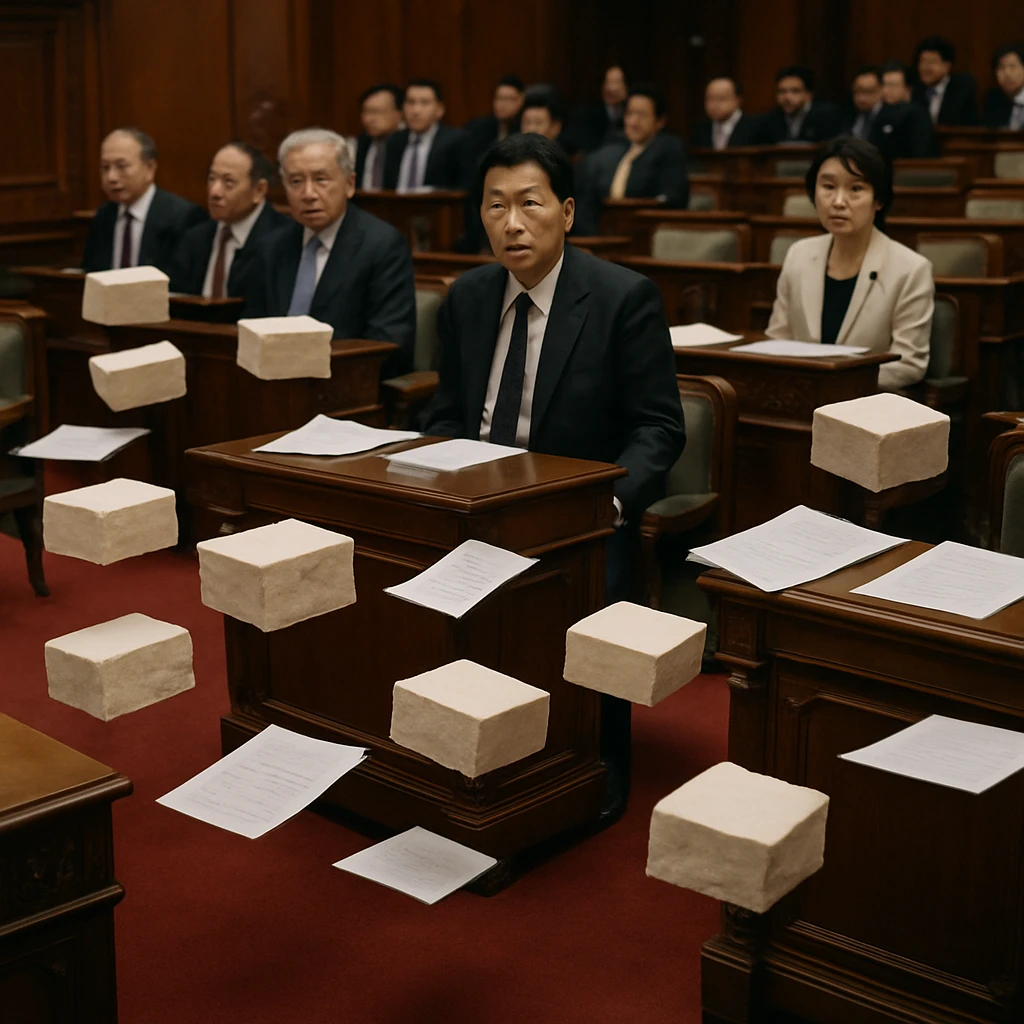 国会本会議場で机や椅子、豆腐が床から少し浮かんでいる様子の写真。