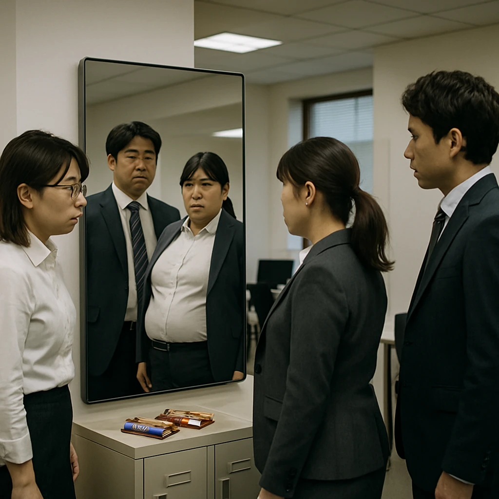 オフィスの休憩室でスマートミラーの前に並ぶスーツ姿の社員たちと、ロッカーの上に置かれた健康食品のバーの写真。