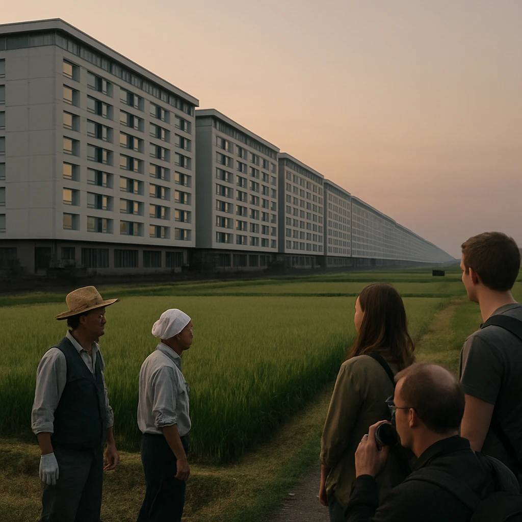 夜明けの田園地帯を巨大な移動型ホテルがゆっくり横断し、地元農家や観光客が見守っている様子。
